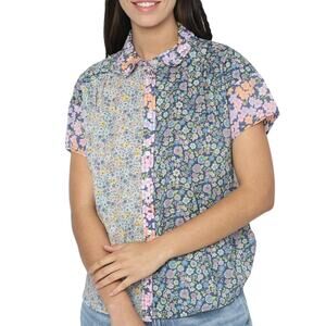 Floral Patchwork Short Sleeve Button-Up Top - Pink & Blue